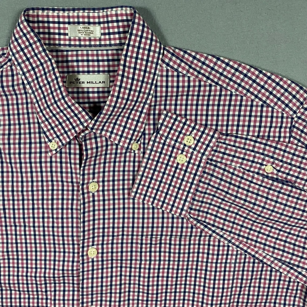 Peter Millar Mens Large Gingham Check Button Down Shirt Navy Red White Cotton